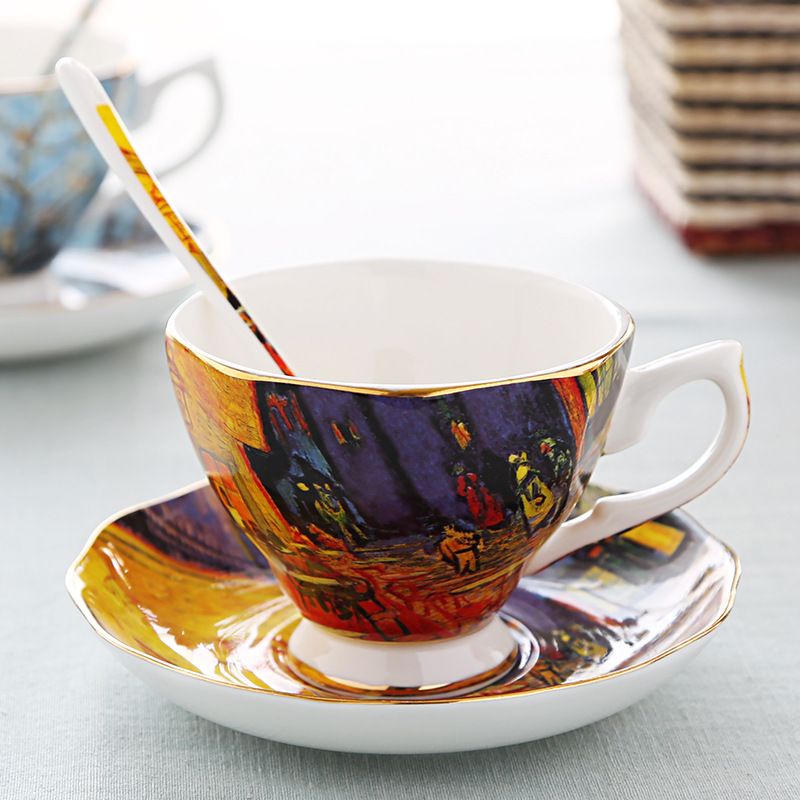 English Light Luxury Dish Spoon Afternoon Tea Cup Van Gogh Oil Painting Bone Porcelain Coffee Cup Creative Gift Ceramic Cup_voghion.com