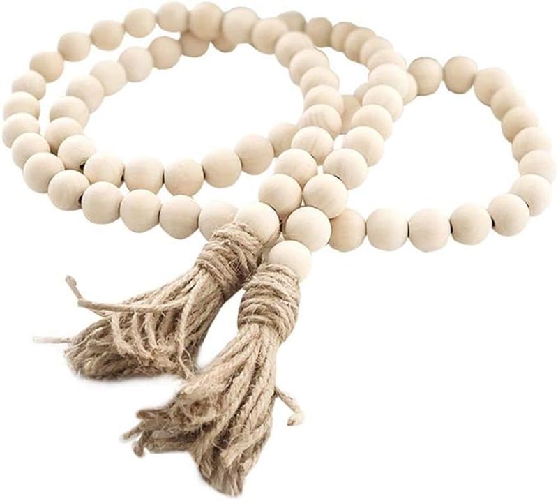 Farmhouse Beads/Wooden Beads Garland with Tassel/Prayer Bohemian Beads_voghion.com