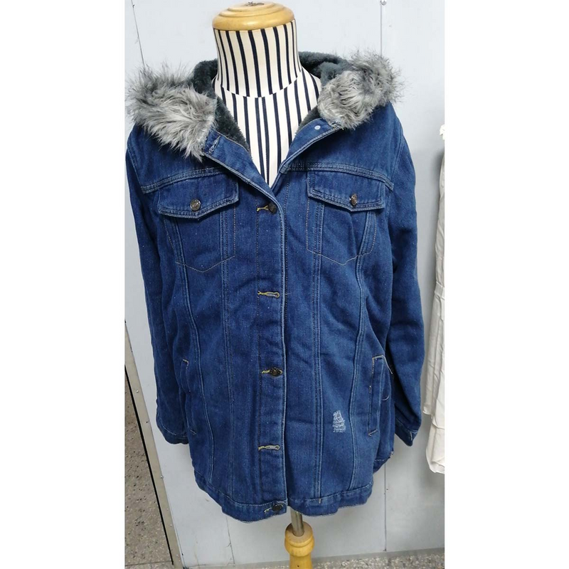 Femmes hiver chaud moelleux col à capuche Denim veste épaisse peluche doublé chaud à manches longues Jean manteau boutonné surdimensionné_voghion.com