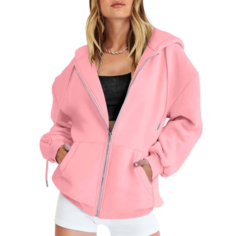 Neuer Sakura Pink Zip-Up Hoodie - Leichte, mit Fleece gefütterte Unisex-Jacke für den Winter, lockere Passform mit geripptem Saum und Reißverschlusstaschen_voghion.com