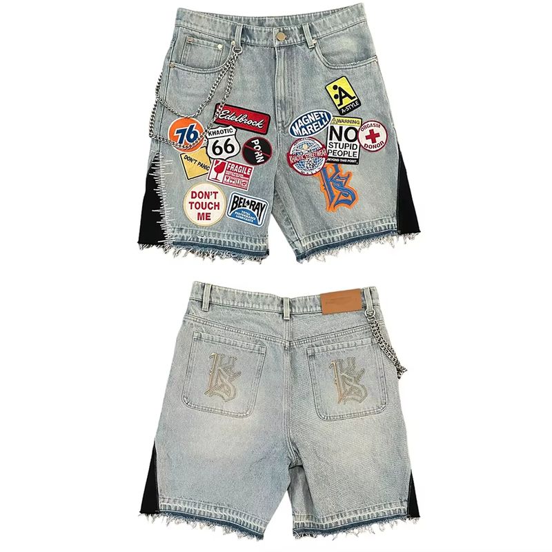 American Patchwork Denim Shorts Y2K Jeans Men Hip Hop Cartoon Pattern Embroidery Retro Blue Loose Denim Fitness Casual Shorts_voghion.com