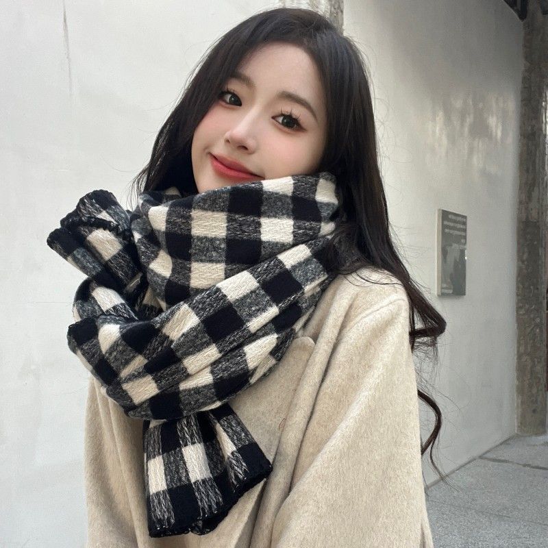 Geruite sjaal voor dames met gevoel voor sfeer, verdikt in herfst en winter, Koreaanse stijl, high-end, student_voghion.com