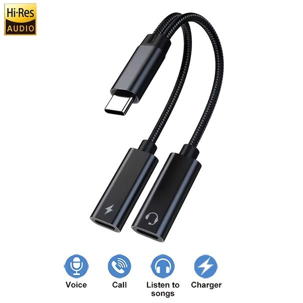 2-IN-1 Audio/Charger Splitter Adapter USB C To Dual TypeC Ports Headphone Jack Audio Adapte For IPhone 16 15 Saumsung Xiaomi_voghion.com