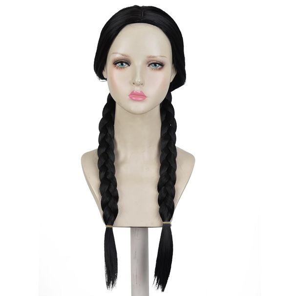 Synthetic Clip-in Addams Family Bangs Black Braids Black Wednesday Double Ponytail Braids Cos Anime Wig_voghion.com
