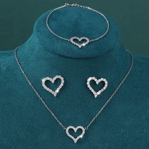 3PCS Jewellery Set for Women Sterling Silver Crystal Zirconia Heart Pendant Necklace and Earrings with Bracelet jewelery Set Birthday Gifts_voghion.com