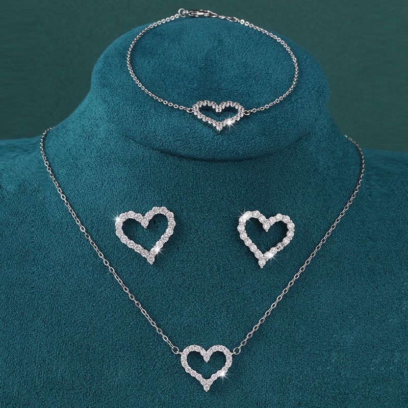 3PCS Jewellery Set for Women Sterling Silver Crystal Zirconia Heart Pendant Necklace and Earrings with Bracelet jewelery Set Birthday Gifts_voghion.com