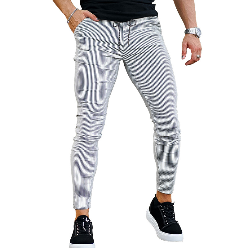 Léto 2023 Nová řada Small Feet Pánské módní ležérní šněrovací slim fit pruhované kalhoty_voghion.com