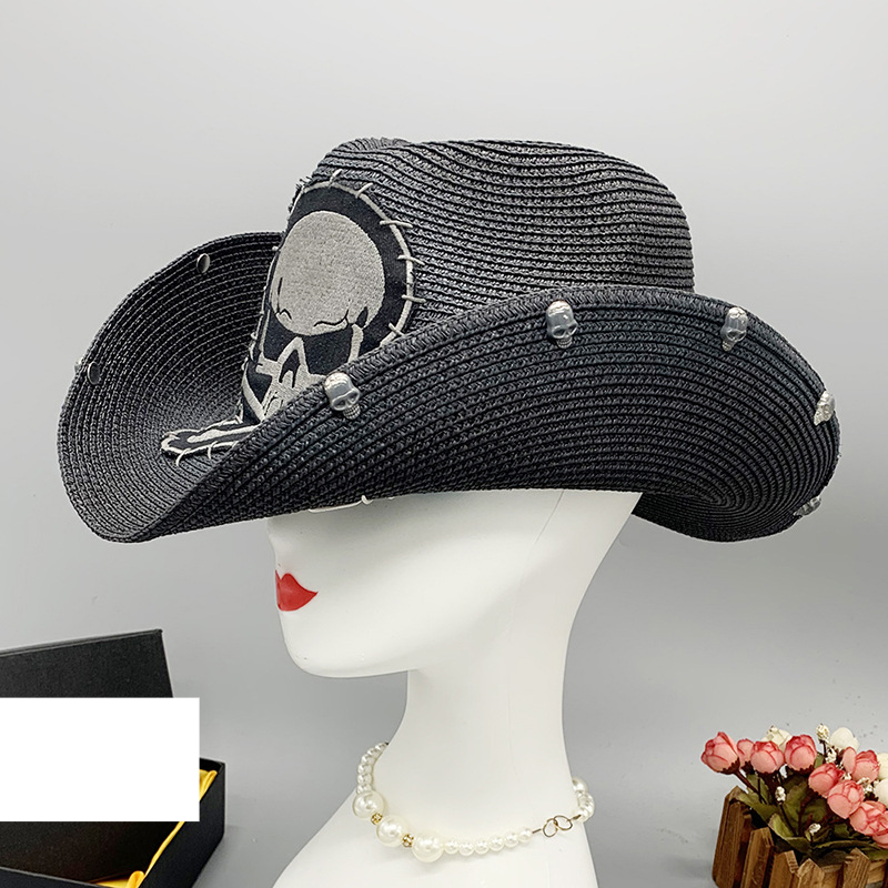 Black cowboy hat Skull male and female personality outdoor cowboy hat straw hat_voghion.com