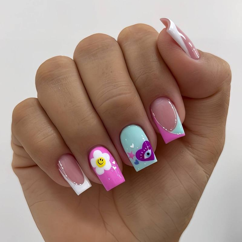 24pcs long and medium-sized square nail with colorful heart-shaped smiley face, white looking nail art, removable  nail rubbing strip, and jelly glue_voghion.com