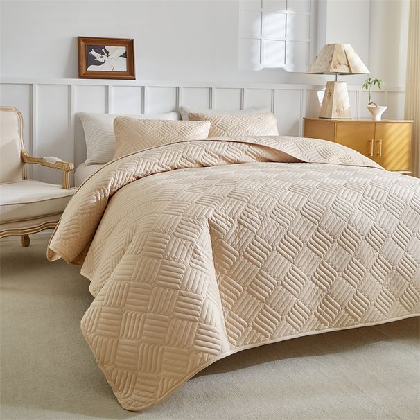 Gestepptes Bettwäscheset mit quadratischem Gittermuster – 3-teilige Wendedecke (OEKO-TEX®-zertifiziert, Blau/Grau/Beige) für moderne und minimalistische Schlafzimmer_voghion.com