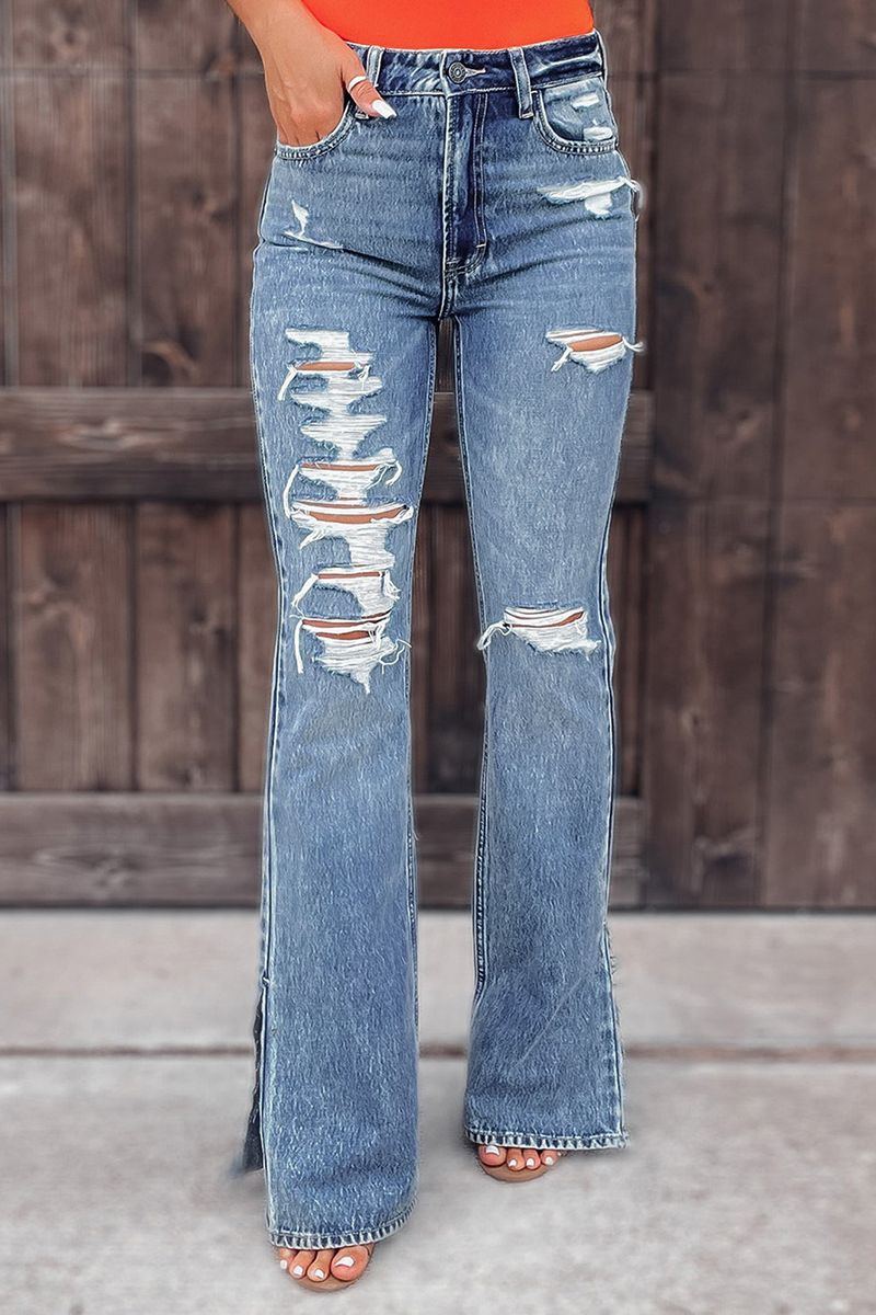 Naisten farkut syksyn katutrendikkäät housut pestyt revitty reikä bootcut_voghion.com