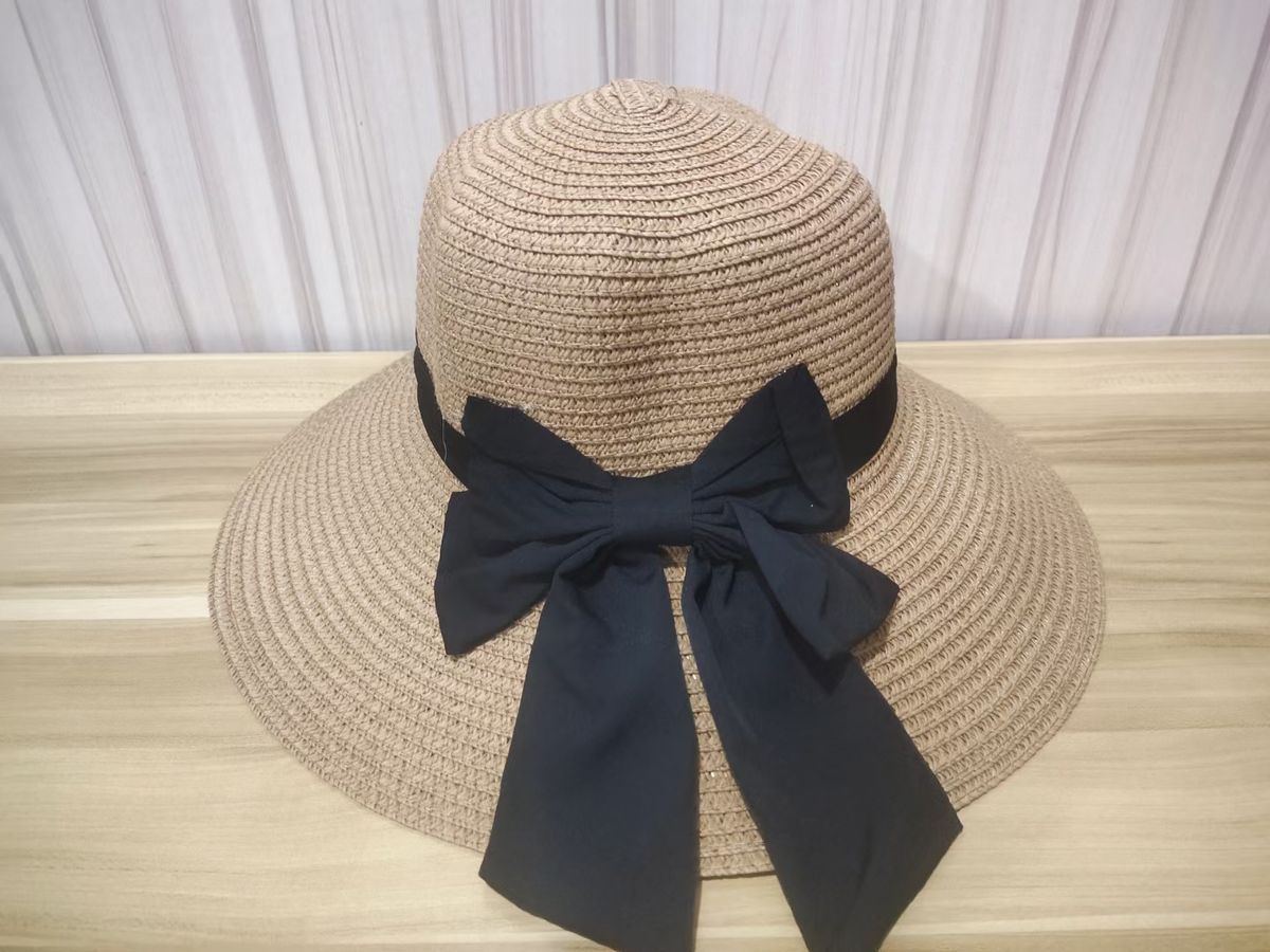 Kesäinen rusetti-olkihattu, naisten suurilierinen ranta, merenranta, loma, retki, muoti, lepattava, taitettava kudottu hattu_voghion.com