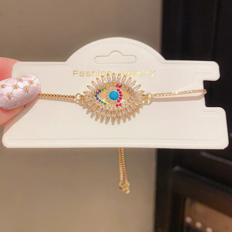 Gold Toned Bracelet With Colorful Rhinestone Evil Eye Charm Delicate Daily & Elegant Jewelry Gift For Her High - Quality_voghion.com