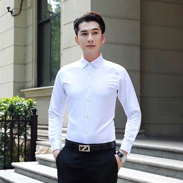 CT Herren Langarm Slim Fit Bügelfrei Einfarbig Professionelles Business Formelle Arbeit Büro Weißes Herrenanzughemd_voghion.com