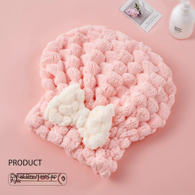 Cloud-Patterned Fleece Hair Towel Wrap - Princess Style Bath Cap With Bow & Elastic Band, Ultra-Soft Coral Fleece Quick Dry Hair Towel_voghion.com