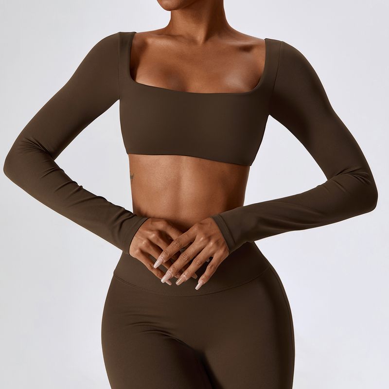 Women's clothing sexy naked long-sleeved yoga wear outdoor running sports T-shirt quick-drying tight fitness wear top_voghion.com