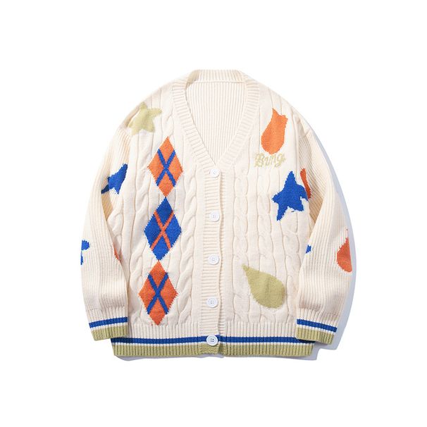 Men's & Women's Vintage Colorful Diamond Pattern Knit Cardigan - Retro Casual Open Front Sweater For Teens & Young Adults (Blue, Beige, S-4XL)_voghion.com