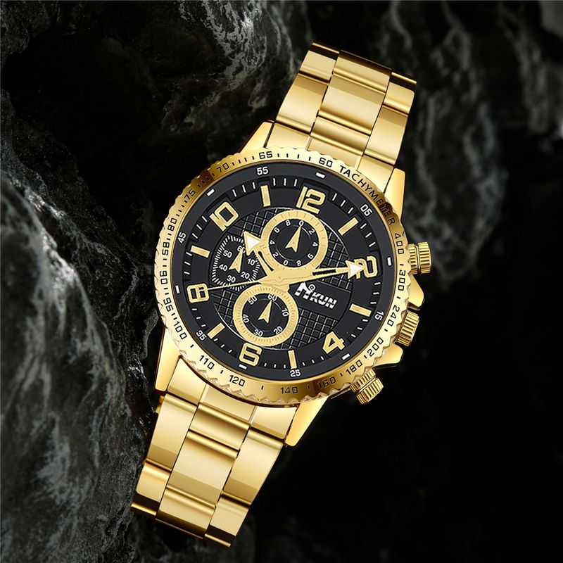 Men's Watch Set Grid Digital Pointer Steel Band Men's Quartz Watch Business All Match Crown Bracelet Set_voghion.com