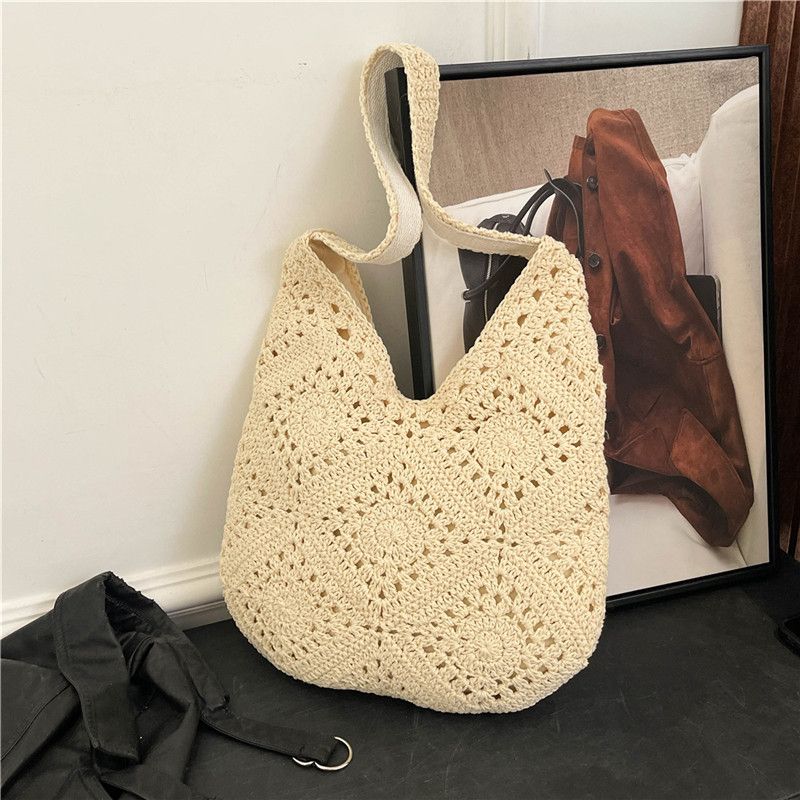 Borsa a tracolla in paglia per donna, grande capacità, stile etnico, borsa tote intrecciata per le vacanze primaverili in spiaggia_voghion.com