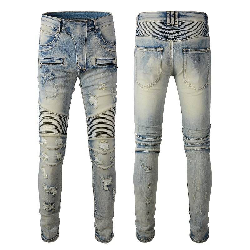Jean bleu délavé à patchwork de mode Pantalon en denim pour hommes à poches multiples avec fermeture éclair Pantalon de motard déchiré en denim de créateur pour hommes_voghion.com