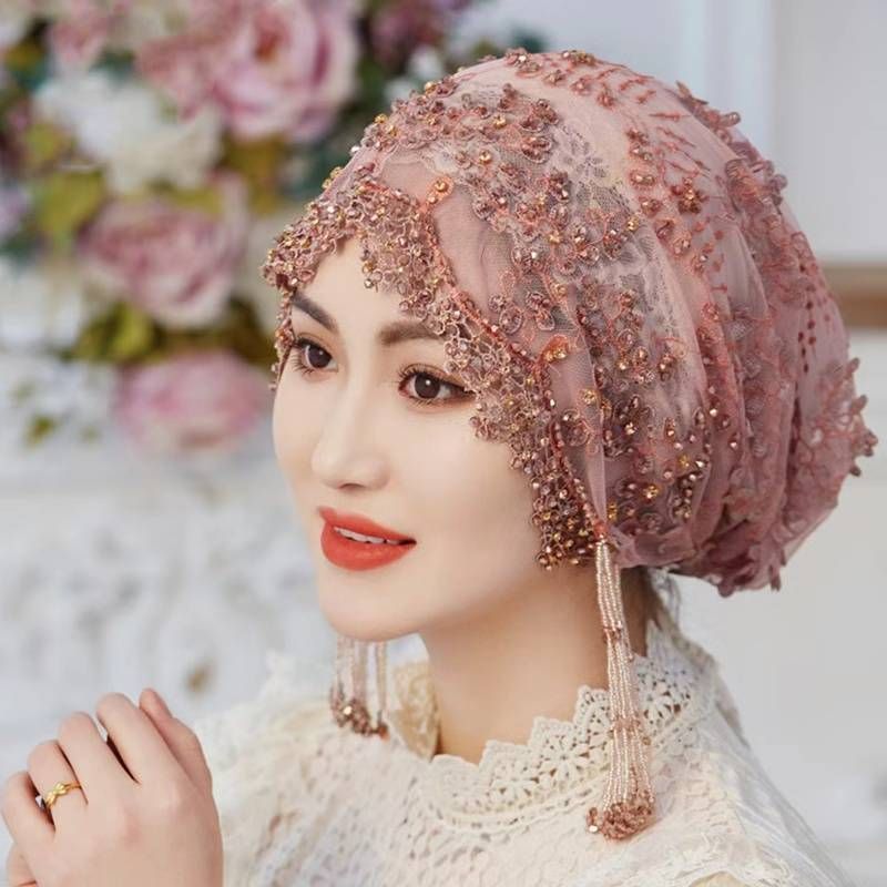 Chapeau de style ethnique, couvre-tête en soie brodée, bandeau à pompon, fait à la main, couvre-cheveux_voghion.com