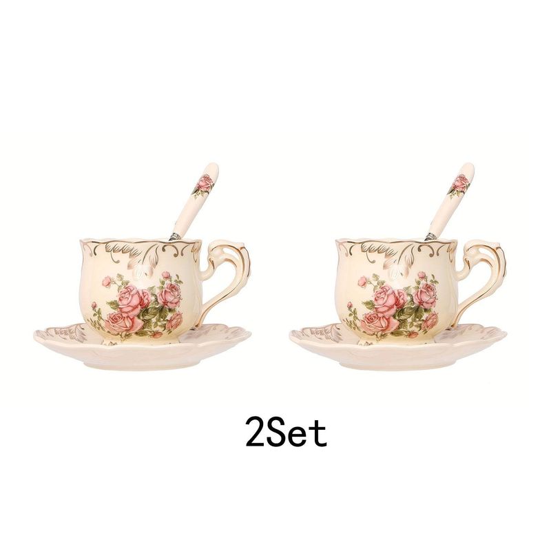 Vintage Floral Porcelain Tea Cups And Saucers Set Of 2, 8 Oz - Tea Cups With Holder(no Stand)_voghion.com