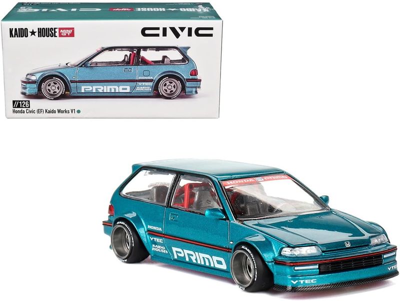 True Scale Miniatures Model Car Compatible With Honda Civic (EF) Kaido Works V1 Tahitian Green Limited Edition 1/64 Diecast Model Kaido House KHMG126_voghion.com