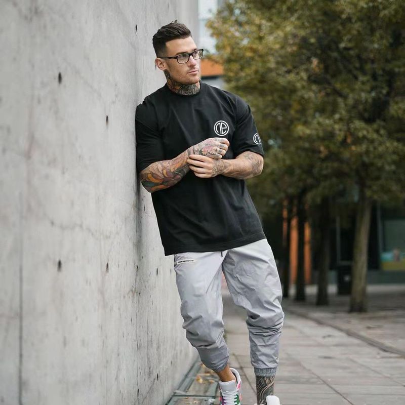 Herrenbekleidung Fitness-T-Shirt aus reiner Baumwolle, Sport, kurzärmelig, modisches Training, Rundhals-T-Shirt_voghion.com
