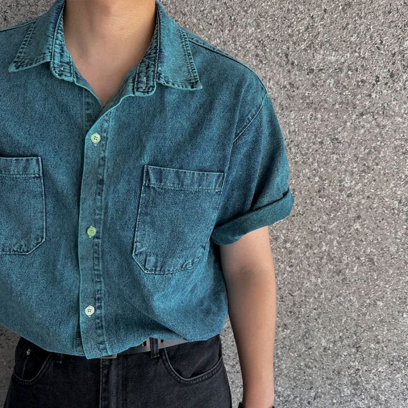 Chemise en jean vintage à manches courtes pour homme - Haut d'été décontracté, coupe ample, style rétro, boutonné sur le devant_voghion.com