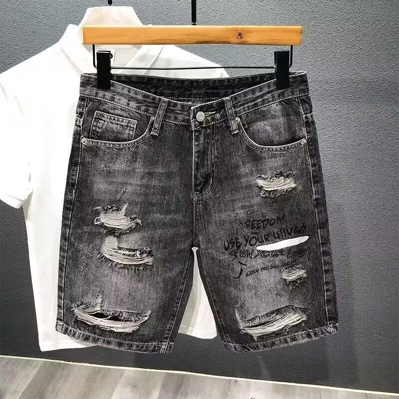 Pantaloncini in denim strappati con personalità da uomo, pantaloncini casual dritti a vita media_voghion.com