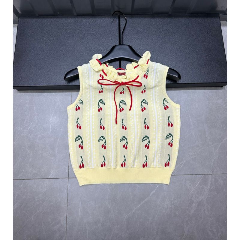 Pull sans manches à col rond et nœud couleur cerise, haut ample et polyvalent en tricot pour femme, nouveauté été 2025_voghion.com