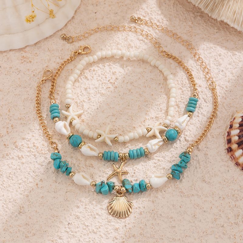 Schmuck Urlaub Strandstil Türkis Set Dichte Kette Einfache Seestern Mehrschichtige Reisperlen Fußkette_voghion.com
