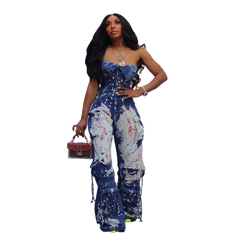 Women's Clothing Tight Waist Elastic Strapless Workwear Denim Jumpsuit _voghion.com