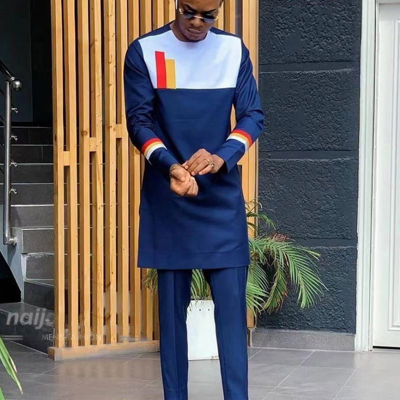 Vêtements pour hommes Costume de luxe pour hommes Nouveau costume deux pièces Pantalon Costume Couleur unie Épissage Col rond Manches longues Fête Vêtements ethniques pour hommes africains_voghion.com