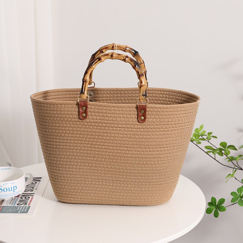 Versatile large capacity cotton woven bag new style hand-held French retro straw bag seaside holiday beach bag women's bag_voghion.com