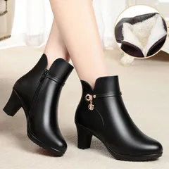 Damskie buty w średnim wieku, ciepłe, bawełniane, skórzane, jesienne i zimowe buty damskie