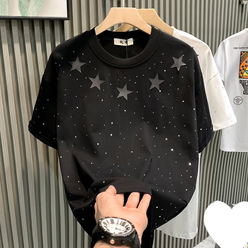 Men's Clothing Internet Celebrity Hot Style Niche Men's T-shirt Short-sleeved Pure Cotton Star Hot Diamond Fashion Brand Half-sleeved T-shirt Local_voghion.com