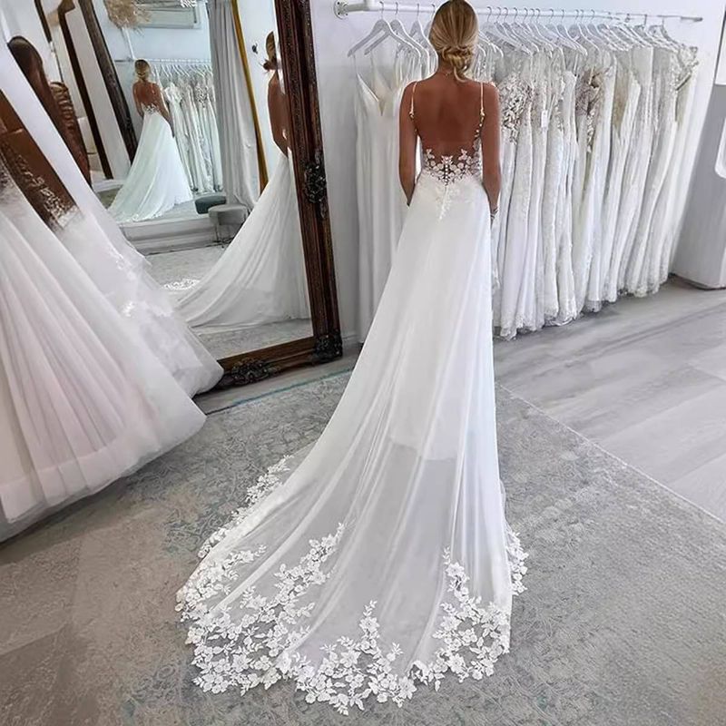 Women's Clothing Wedding Dress Forest Series Bride Simple Deep V Neck Large Backless Travel Photography Small Tail Soft Yarn Fishtail_voghion.com