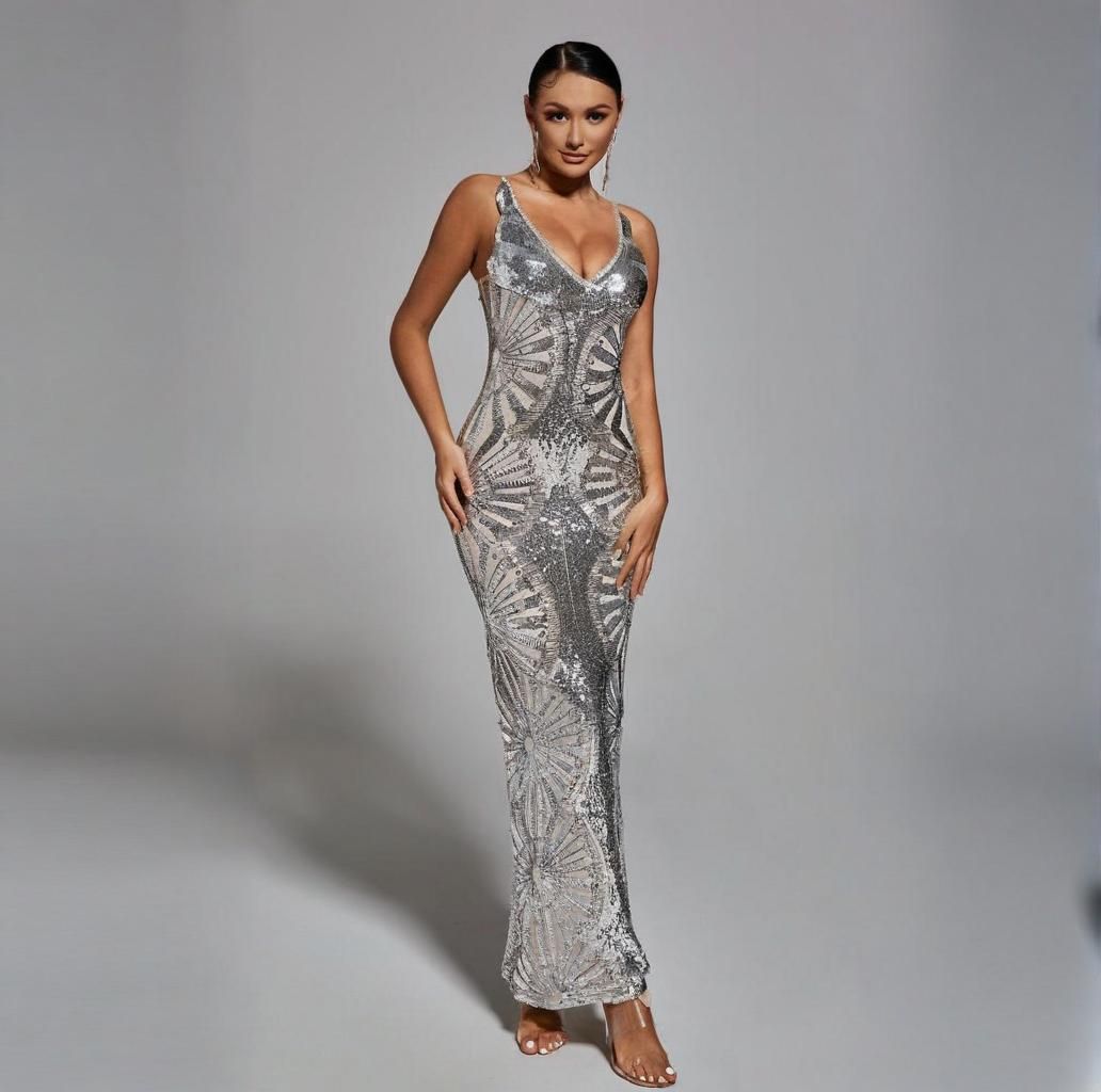 Robe de soirée moulante sans manches à paillettes argentées et col en V pour femme - Robe de soirée glamour et élégante_voghion.com