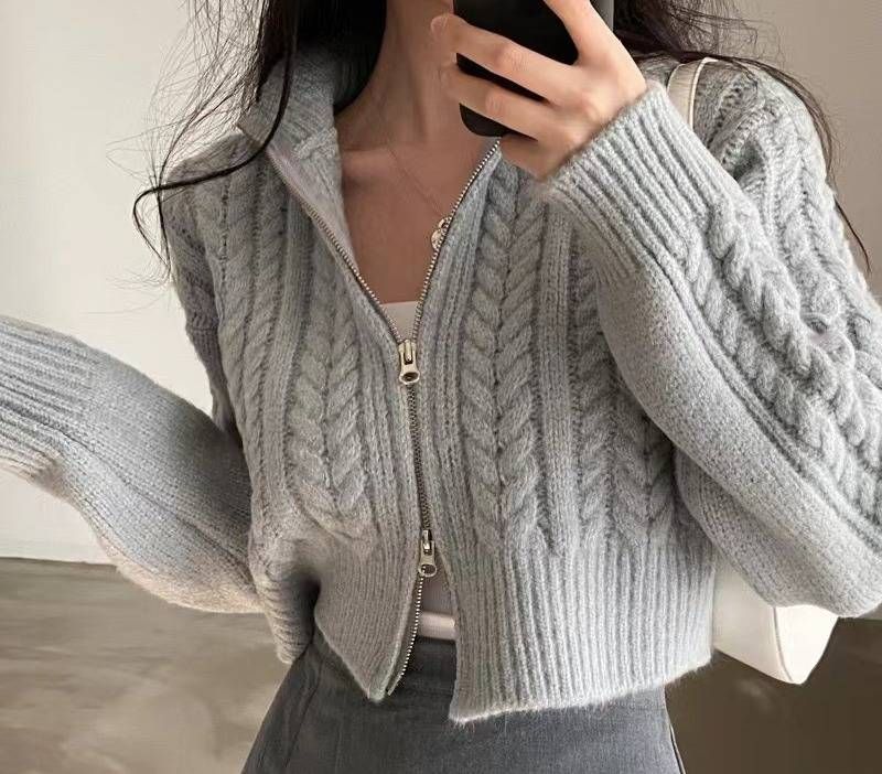 Cardigan en tricot épais de style coréen – Pull court à fermeture éclair sur le devant pour femme pour l'automne_voghion.com