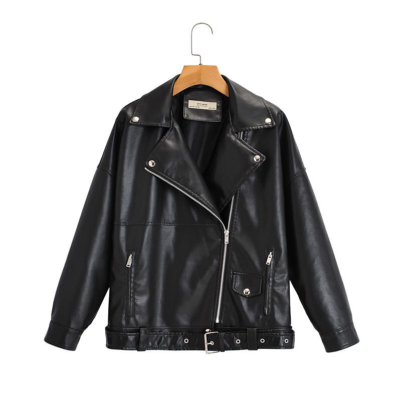 Damenbekleidung Lederjacke Distressed PU Lederjacke mit Revers, Oversized Biker Style Mantel, Streetwear Mode für Herbst & Winter_voghion.com