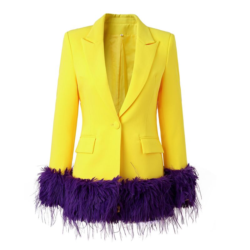 Damen leuchtend gelbe Anzugjacke mit Federdeko, modisches Näh-Party-Oberteil_voghion.com