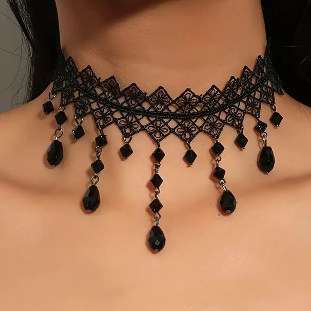 Women's Bold Black Crystal Choker - Unique Lace Collar Chain Torque Necklace_voghion.com