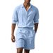 Summer American Style Loose Linen Men's Simple Long Sleeve Shirt Casual Shorts Beach Set_voghion.com