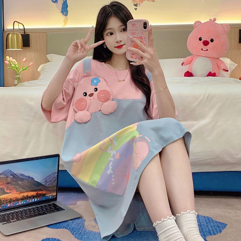 2024 new summer pure cotton casual round neck ctoon cute short sleeved nightgown women's home jumpsuit for external_voghion.com