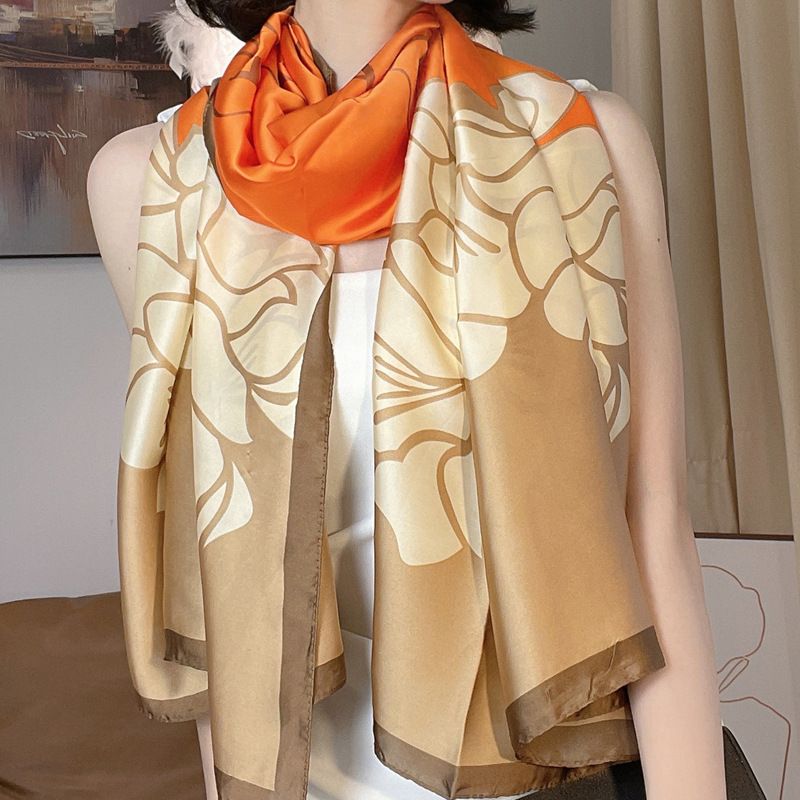 Temperament Color Matching Flower Long Orange Khaki Print Spring and Autumn Versatile Summer Sunscreen Simulated Silk_voghion.com