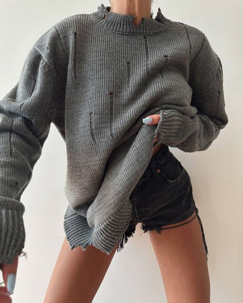 Ny lös Pullover Top Handgjord Frayed Crew Neck tröja_voghion.com