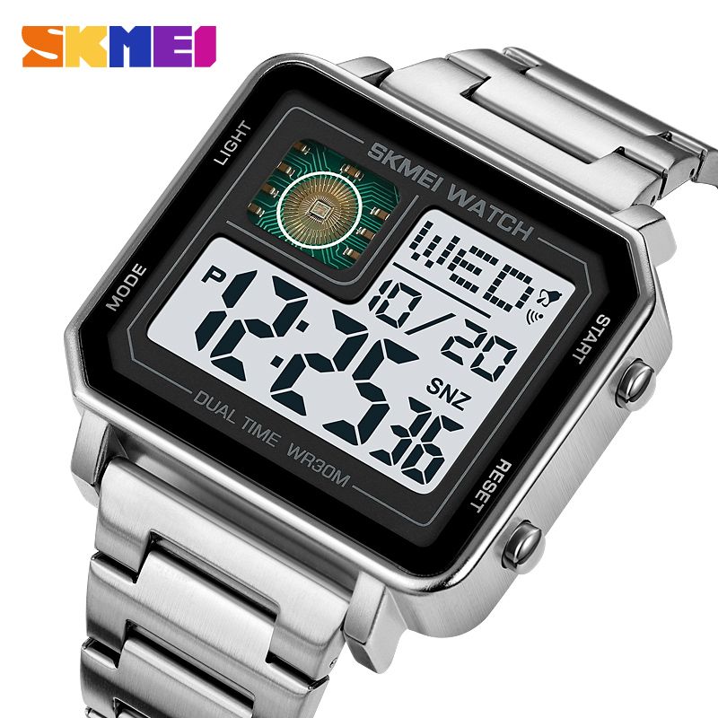 New fashion watch men's sport waterproof retro steel band square personality multi-functional large dial men's electronic watch_voghion.com