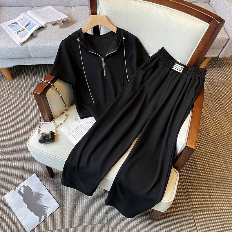 Vêtements pour femmes nouveau gros mm mode sport à capuche rajeunissant slim t-shirt pantalon jambe large décontracté deux pièces costume_voghion.com