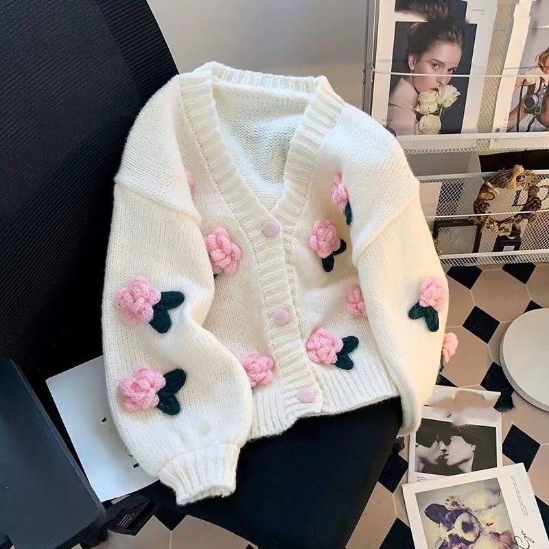Women's Clothing Red three dimensional flower cardigan sweater_voghion.com